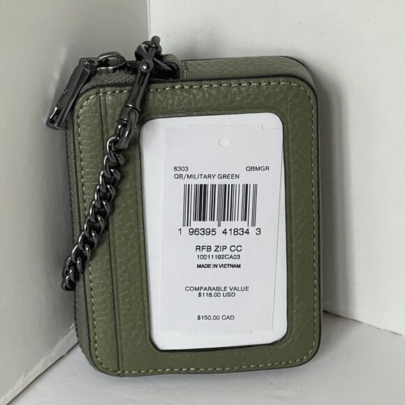 Coach Zip Card Case ID Wallet Green Pebbled Leather 6303 Mini Chain Strap ORGPKG - Picture 2 of 4